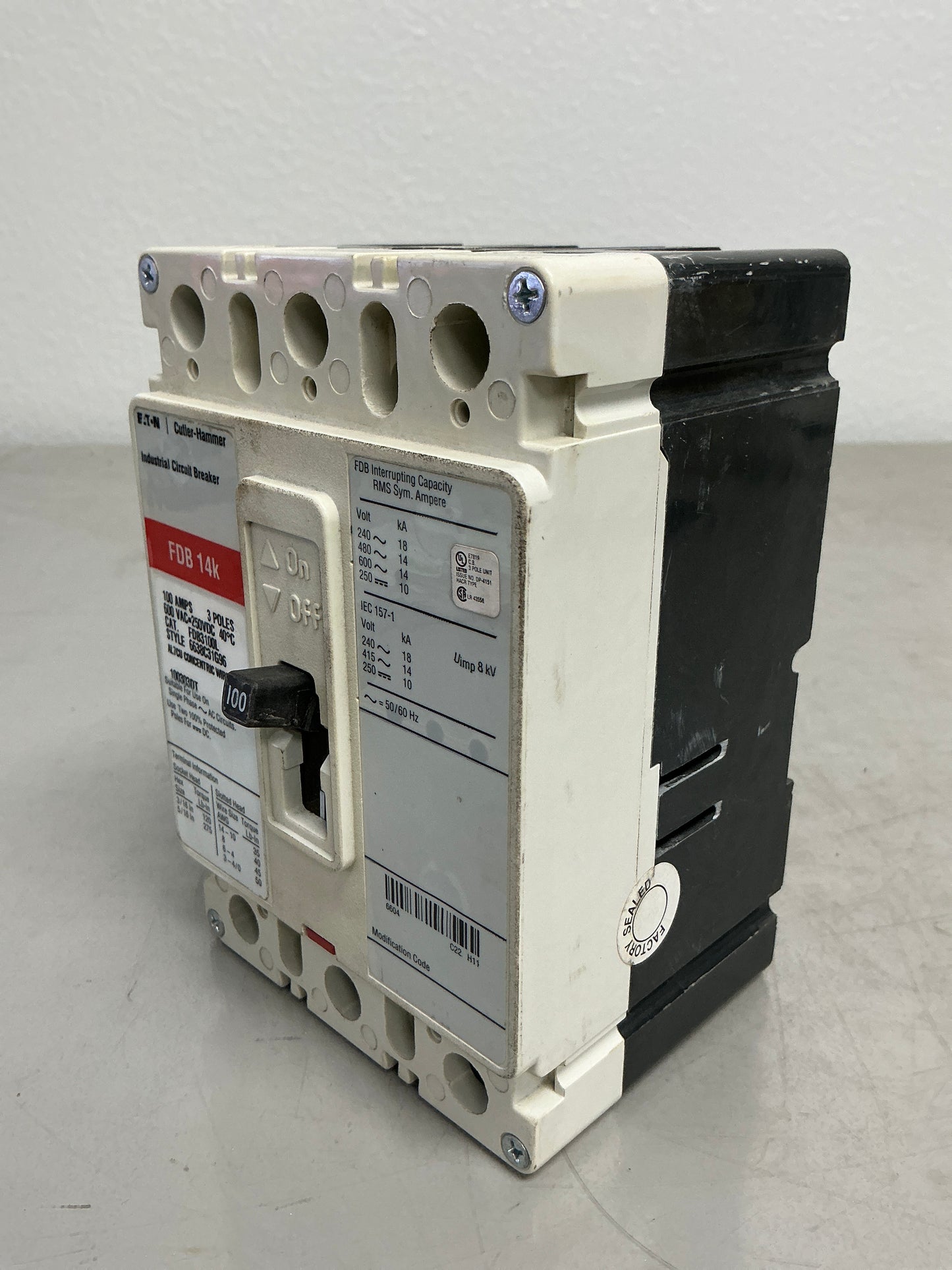 Used Eaton FDB3100L 3 Poles, 100 Amps, 600 Volts