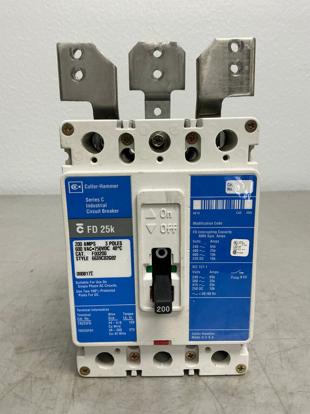 Used FD3200 3 Pole, 200 Amps, 600 Volts Circuit Breaker