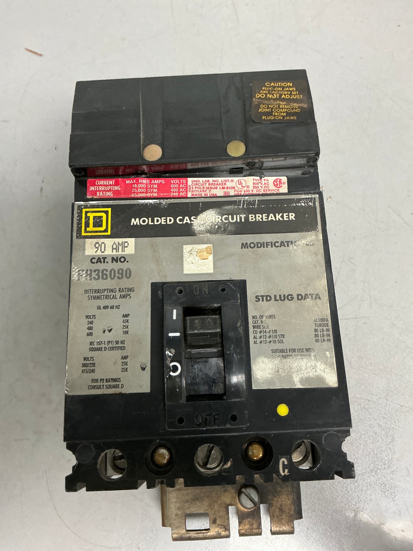 Used Square D FH36090 3 Pole, 90 Amps, 600 Volts