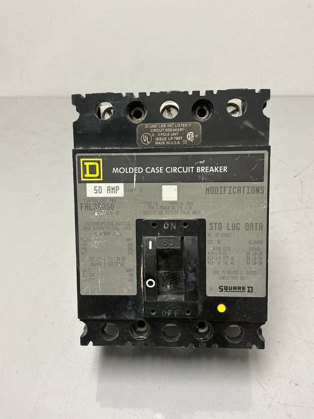 Used Square D FAL36050 3 Pole, 50 Amps, 600 Volts Circuit Breaker