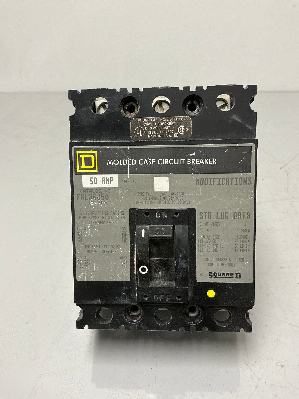 Used Square D FAL36050 3 Pole, 50 Amps, 600 Volts Circuit Breaker