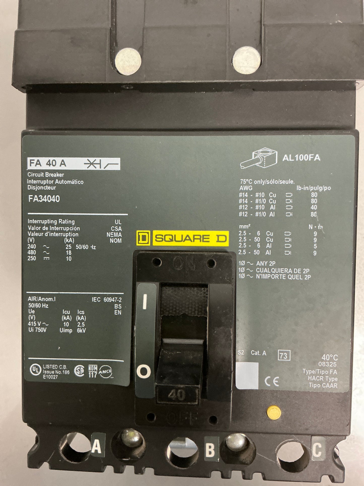 Used Square D FA34040 3 Pole, 40 Amps, 480 Volts