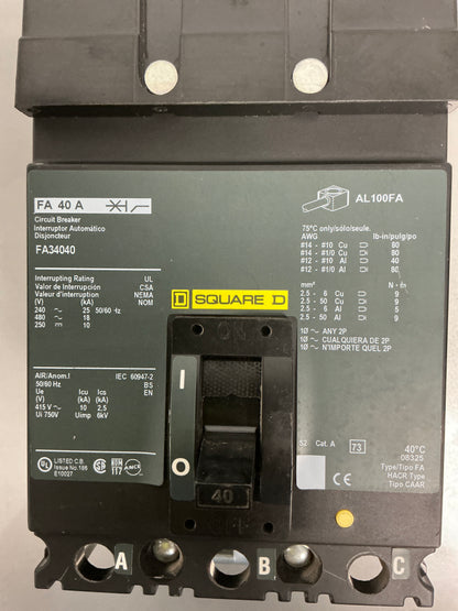 Used Square D FA34040 3 Pole, 40 Amps, 480 Volts