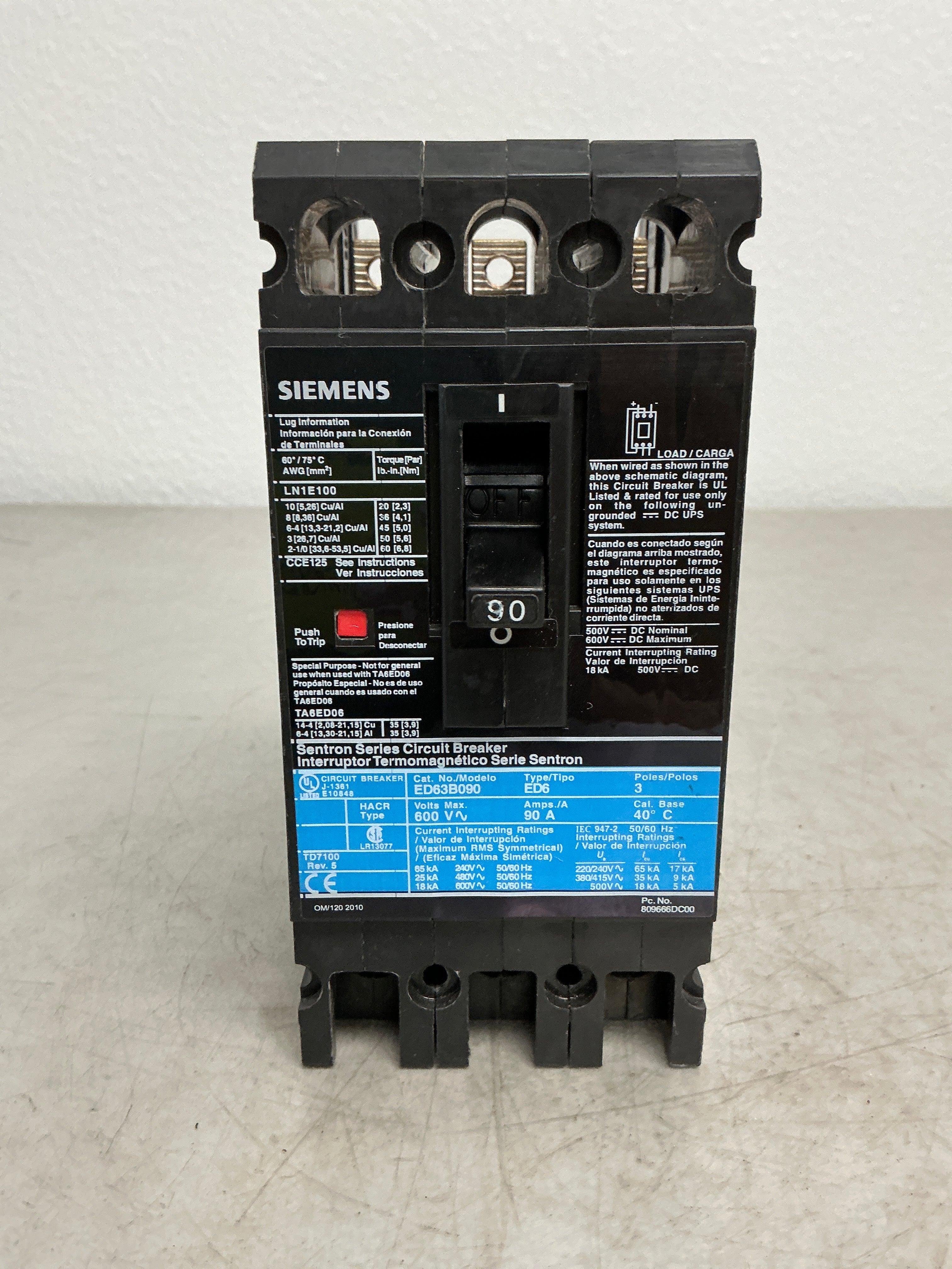 New Siemens ED63B090 3 Pole, 90 Amps, 600 Volts Circuit Breaker