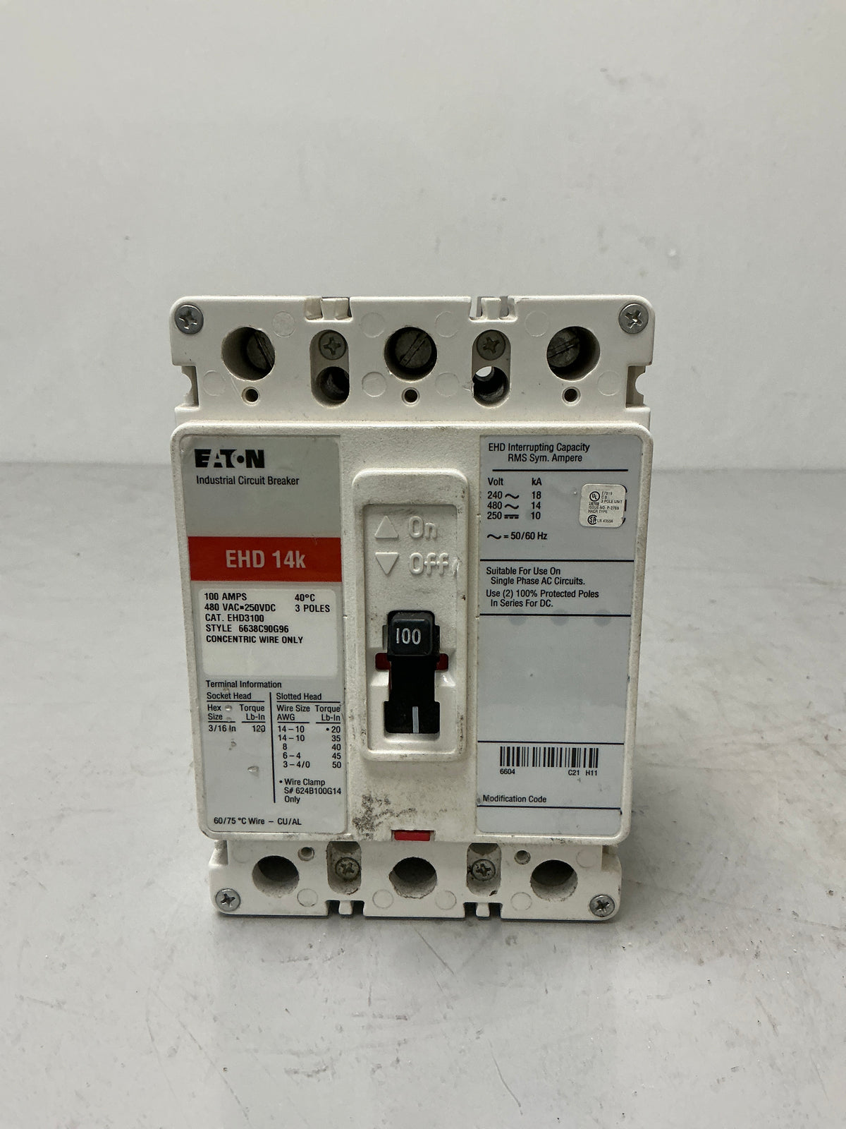Used Eaton EHD3100 3 Pole, 100 Amps, 480 Volts Circuit Breaker
