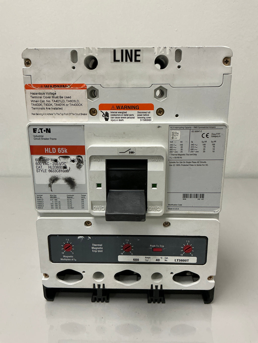 Used Eaton HLD3600F 3 Pole, 600 Amps, 600 Volts Circuit Breaker