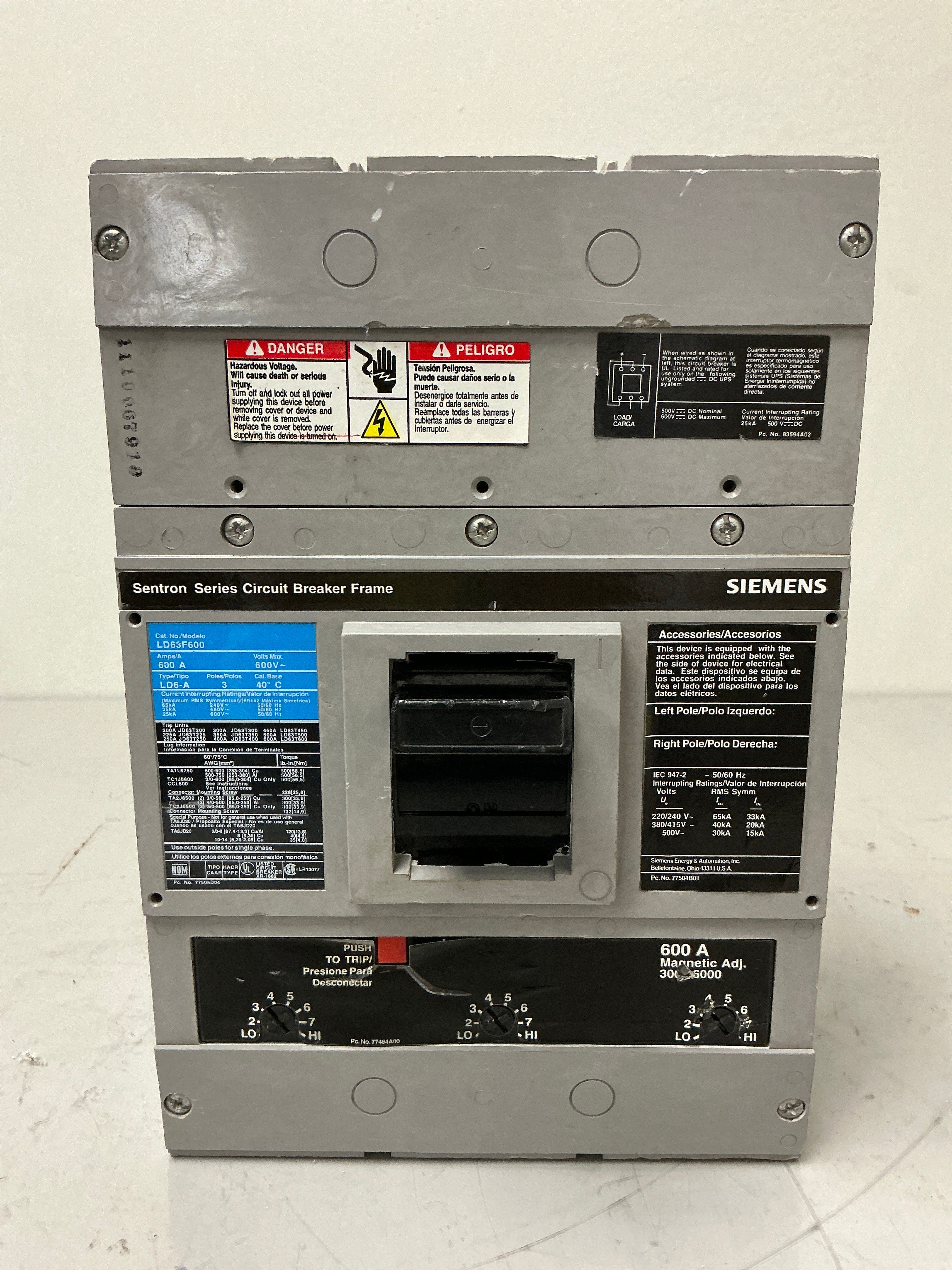 Used Siemens LD63F600 3 Pole, 600 Amps, 600 Volts Circuit Breaker