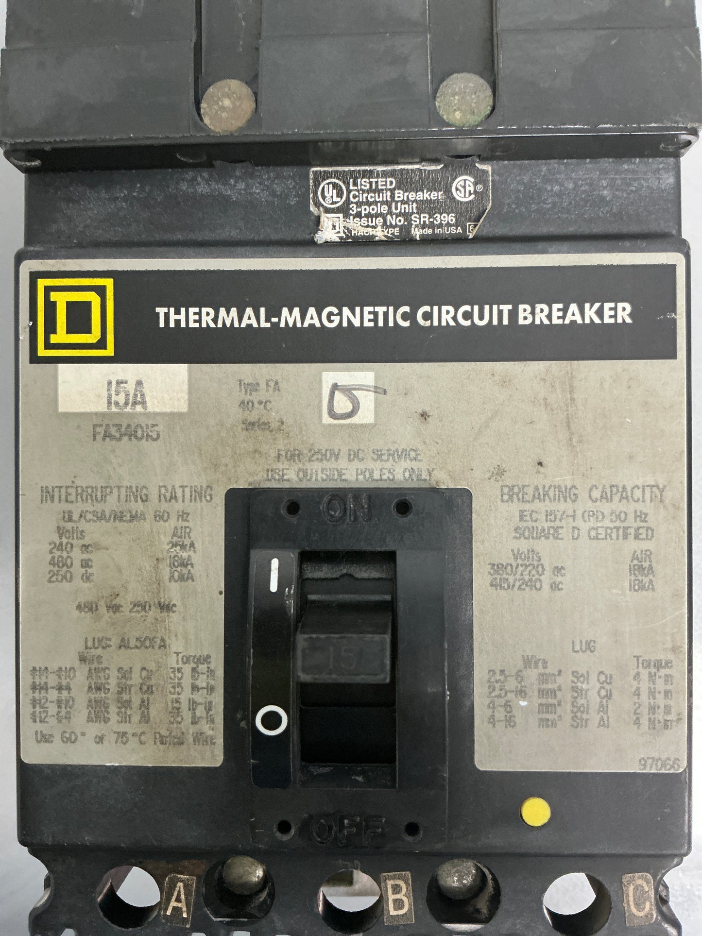 Used Square D FA34015 3 Pole, 15 Amps, 480 volts