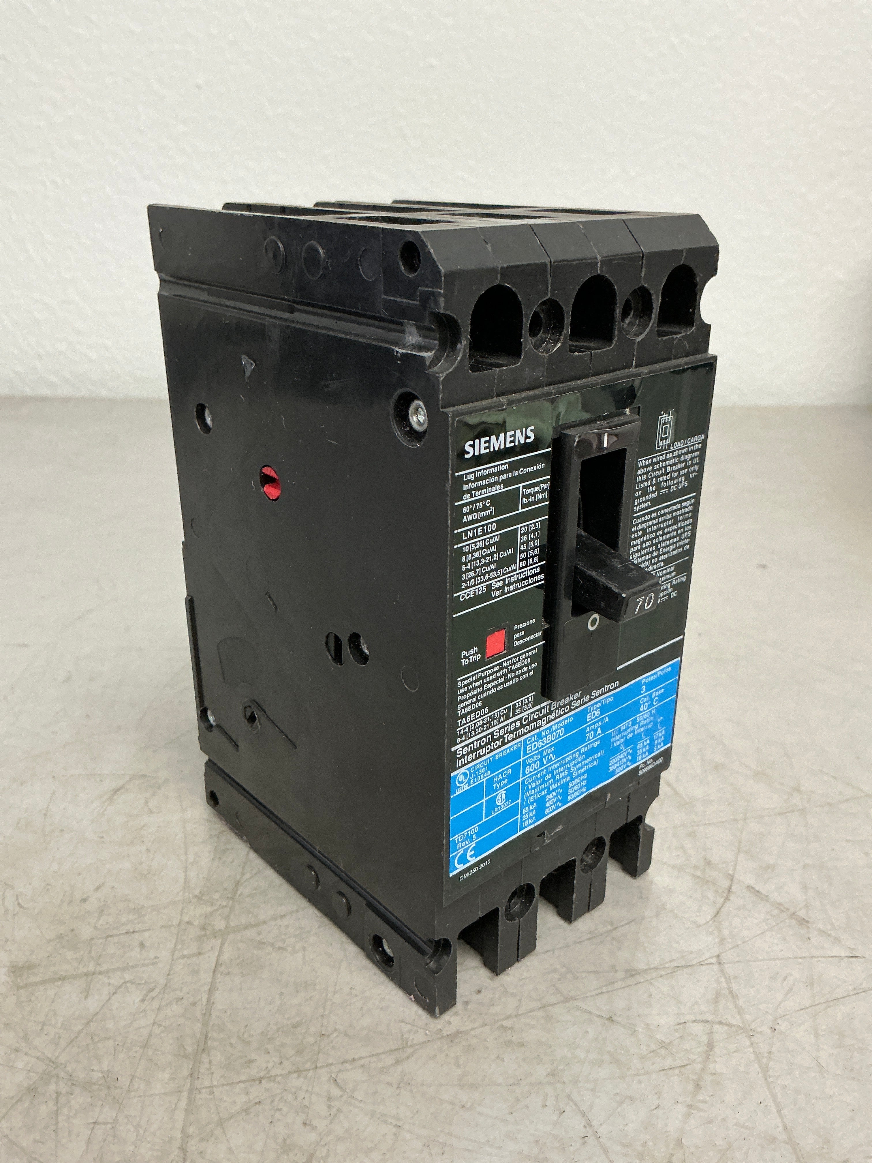 Used Siemens ED63B070 3 Pole, 70 Amps, 600 Volts Circuit Breaker