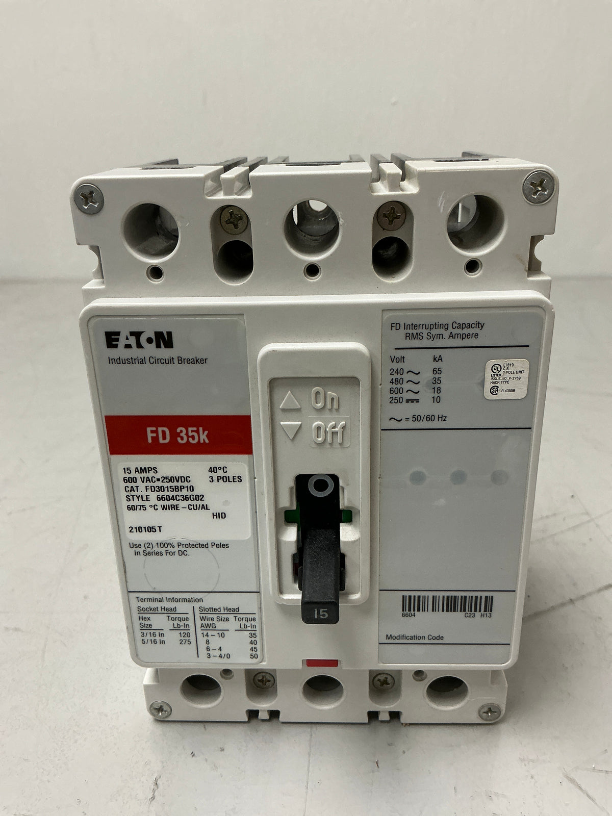 New Eaton FD3015BP10 3 Pole, 15 Amps, 600 Volts Circuit Breaker