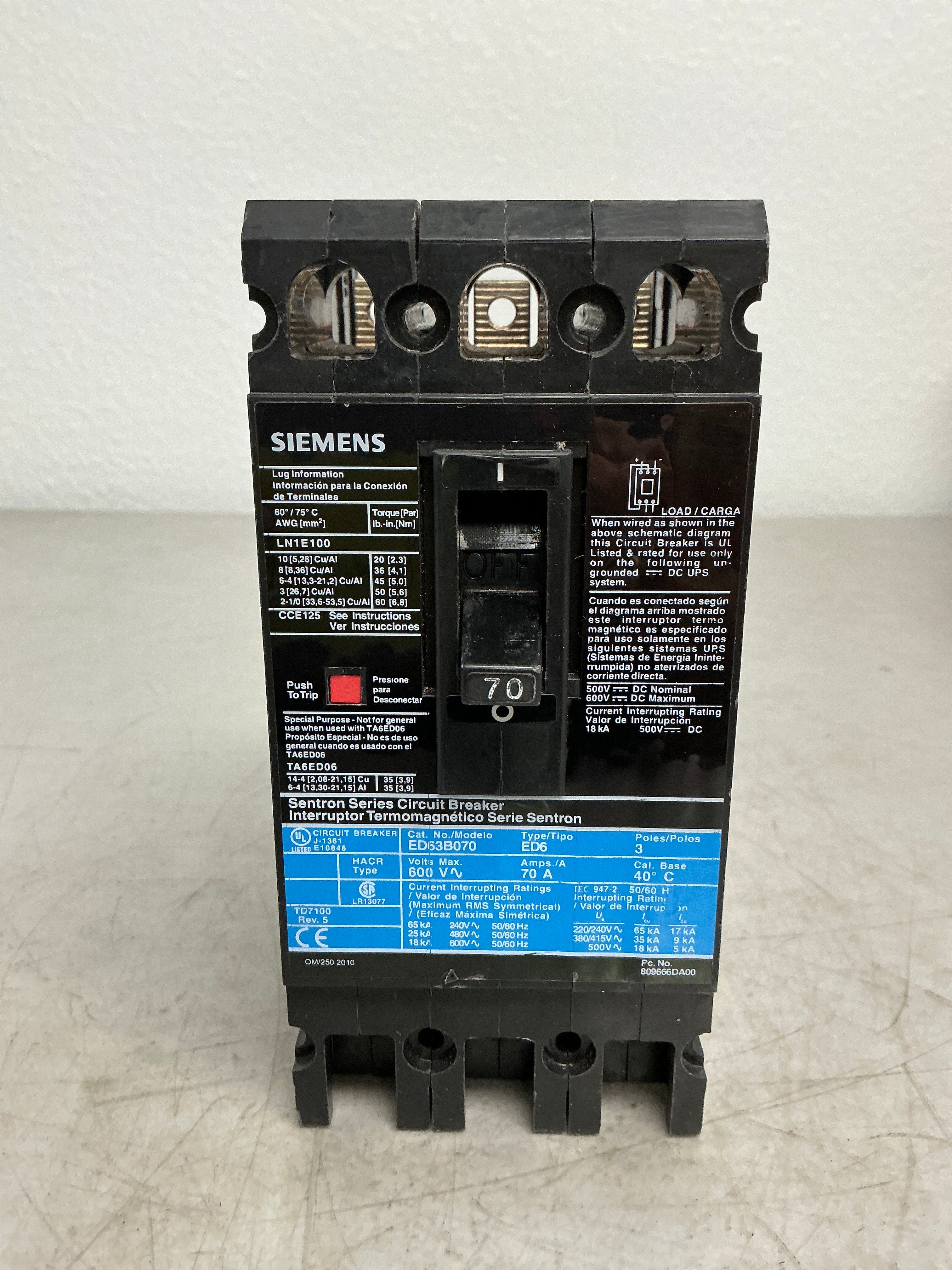 Used Siemens ED63B070 3 Pole, 70 Amps, 600 Volts Circuit Breaker