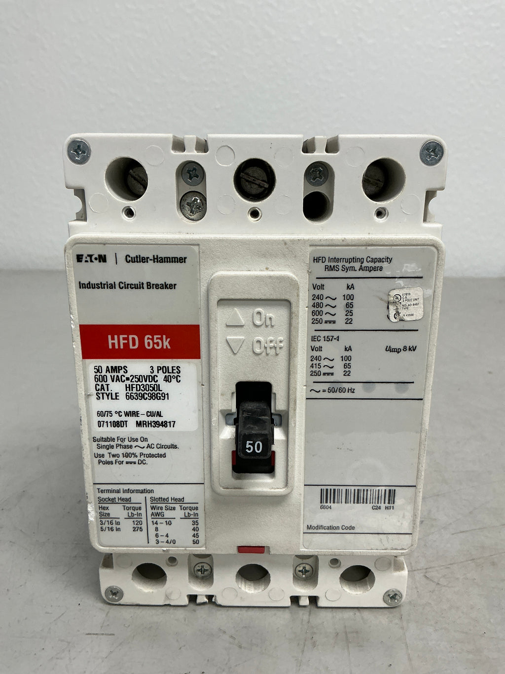 Used HFD3050L 3 Poles, 50 Amps, 600 Volts