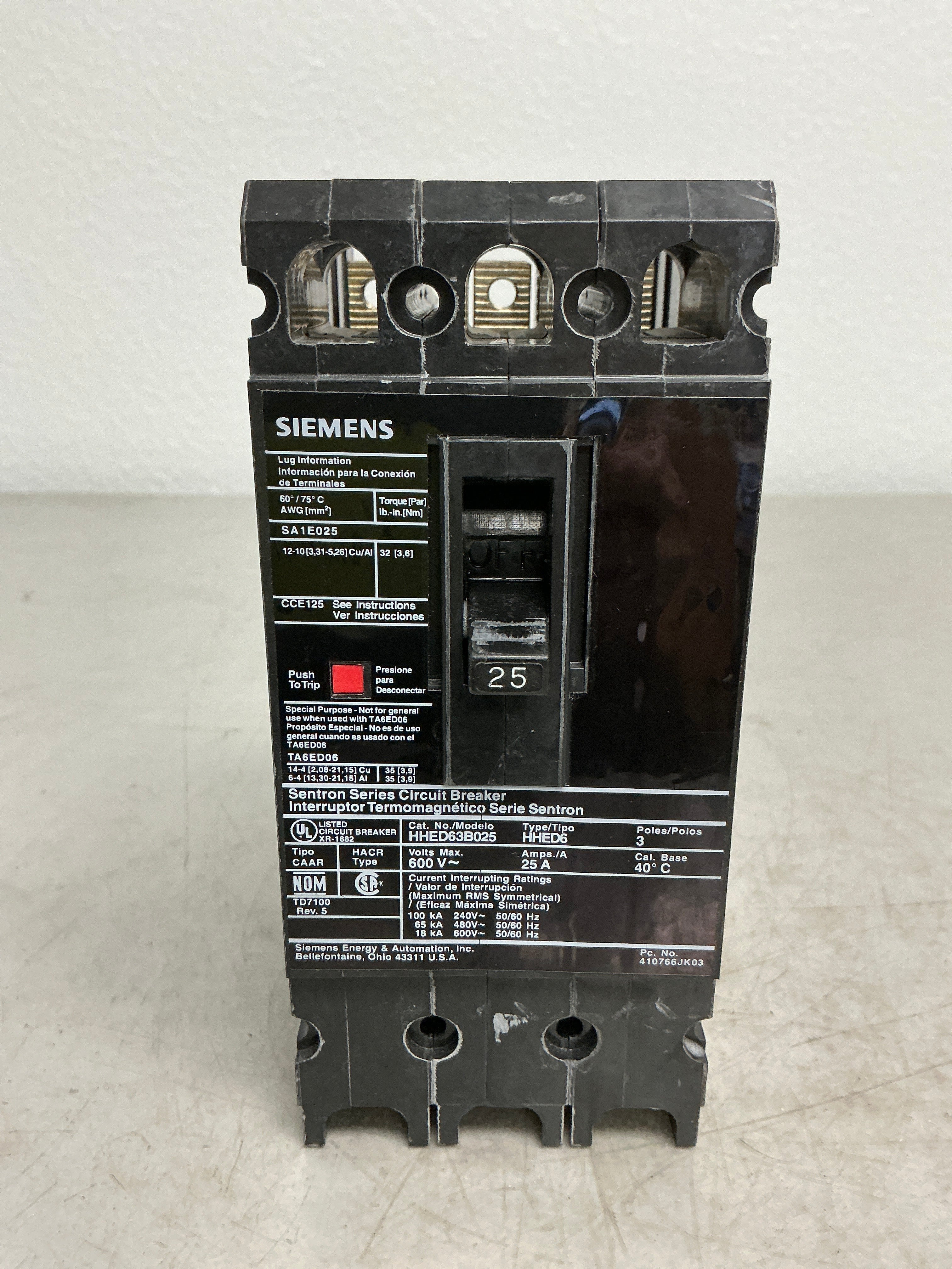 Used Siemens HHED63B025 3 Pole, 25 Amps, 480 Volts Circuit Breaker