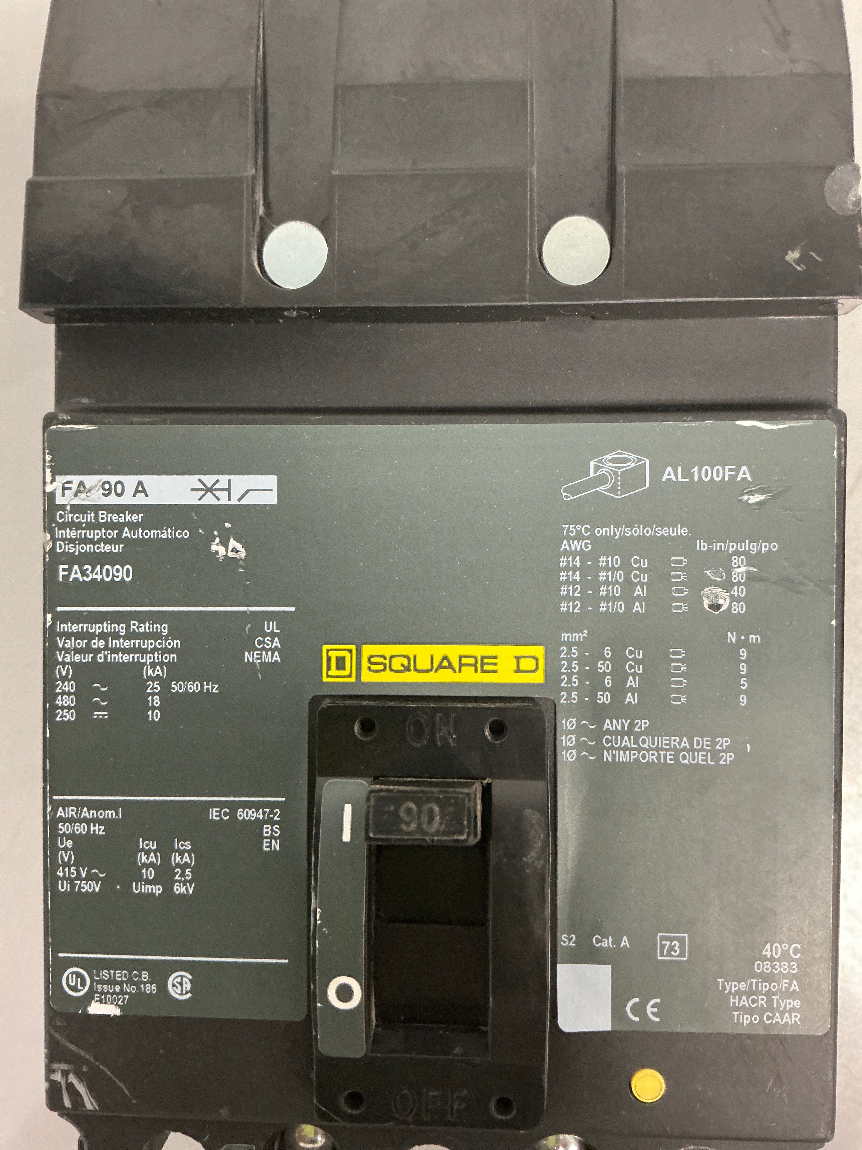 Used Square D FA34090 3 Pole, 90 Amps, 480 Volts
