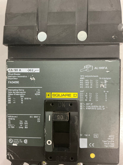 Used Square D FA34090 3 Pole, 90 Amps, 480 Volts