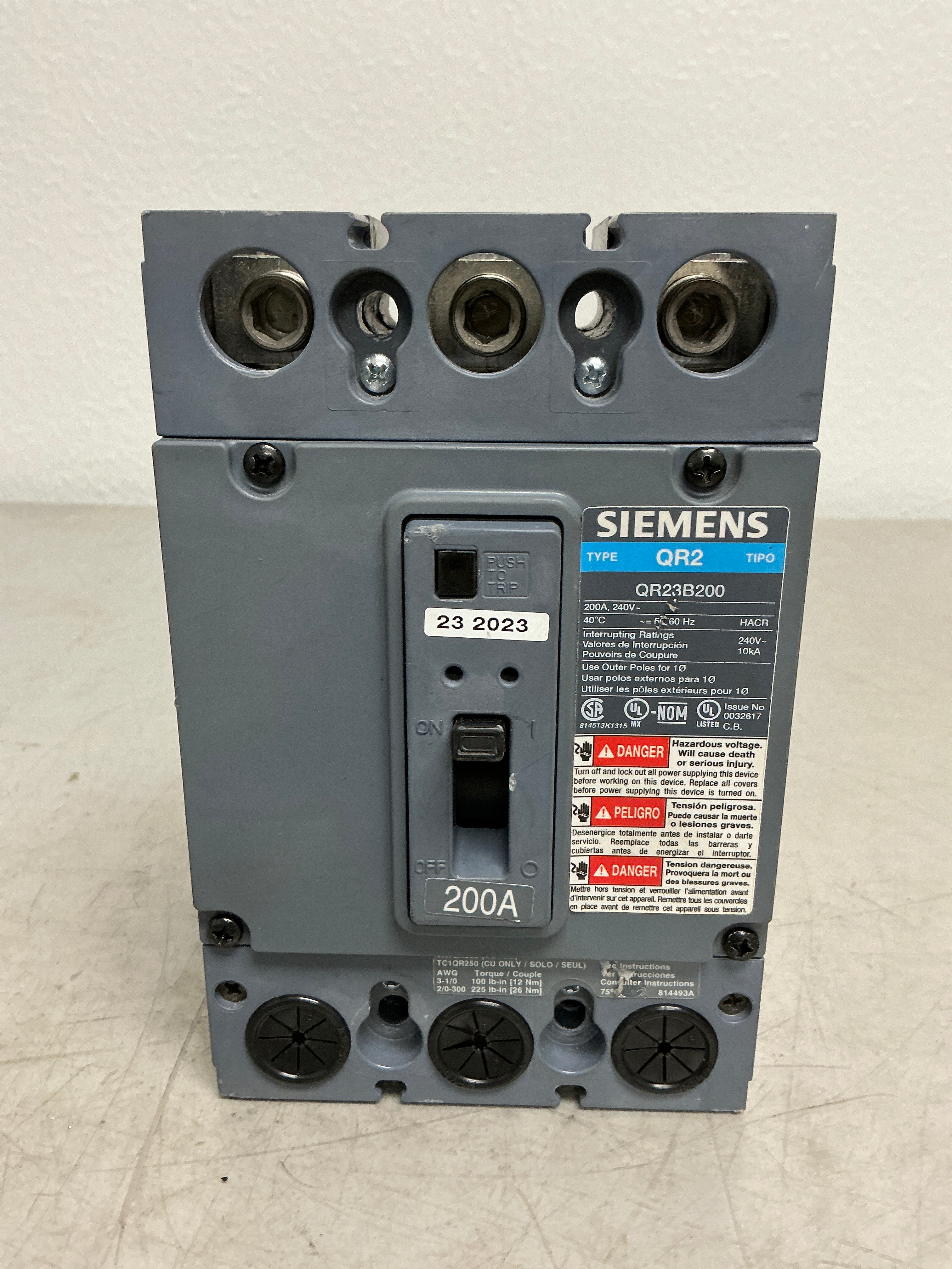 Used Siemens QR23B200 3 Pole, 200 Amps, 240V Circuit Breaker