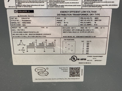 Used Square D 15 KVA Transformer DY 480 Primary, 208/120 Secondary, 3 Phase (item#t5)