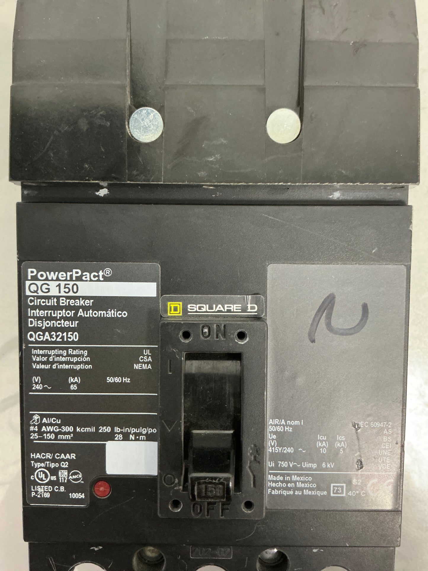 Used Square D QGA32150 3 Pole, 150 Amps, 240 Volts