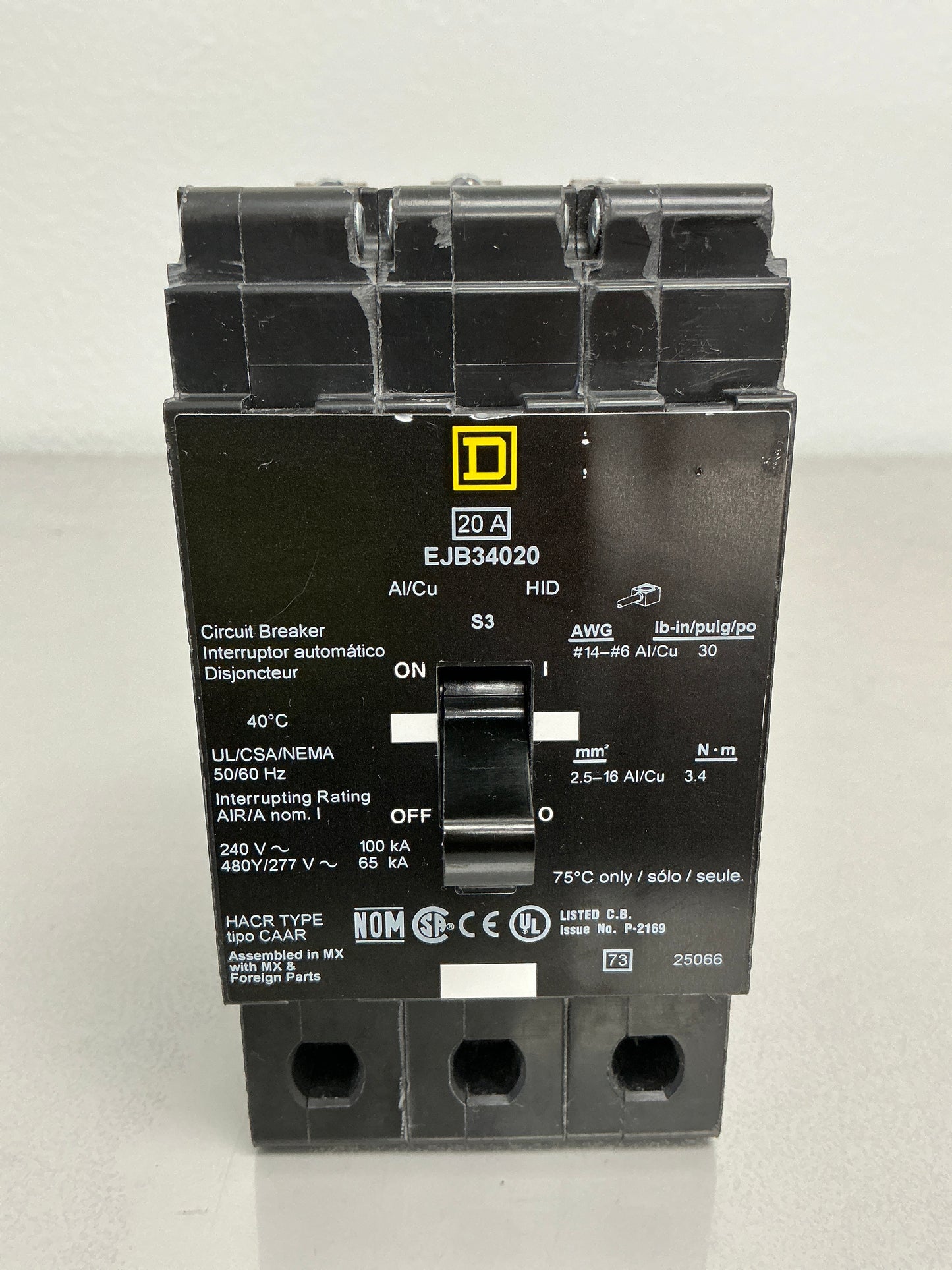 Used Square D EJB34020 3 Pole, 20 Amps, 480/277 Volts