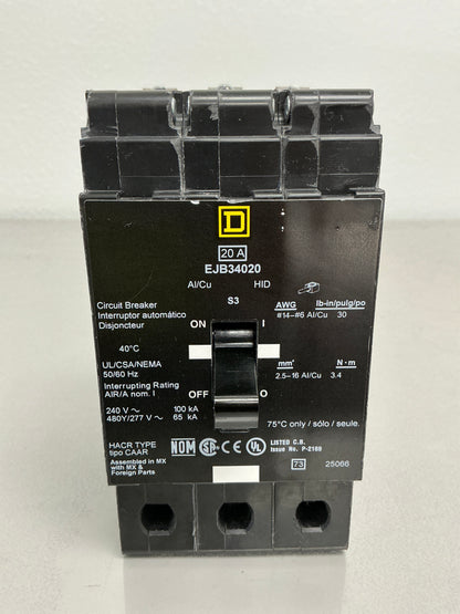Used Square D EJB34020 3 Pole, 20 Amps, 480/277 Volts
