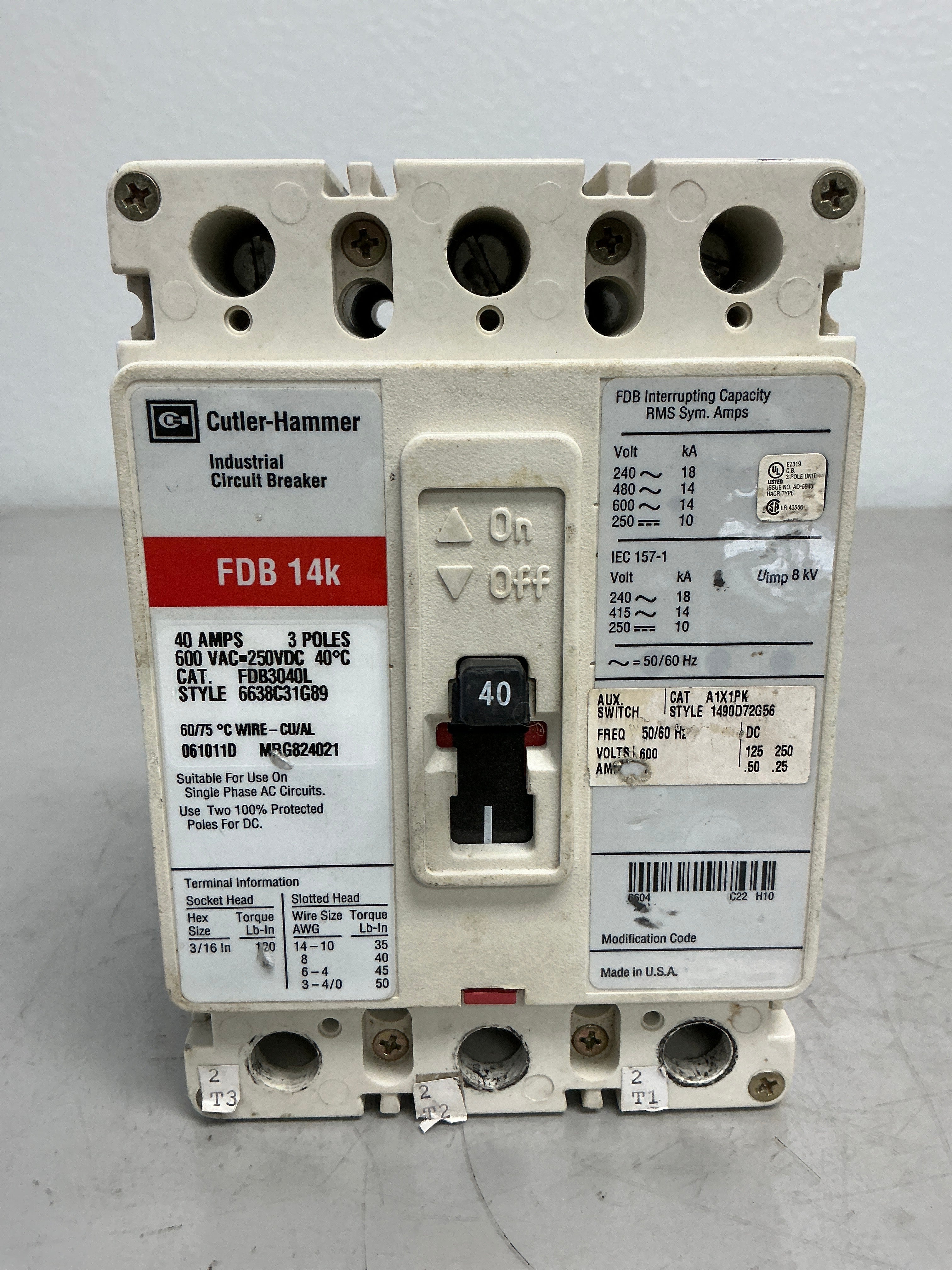 Used FDB3040L with Auxiliary 3 Poles, 40 Amps, 600 Volts