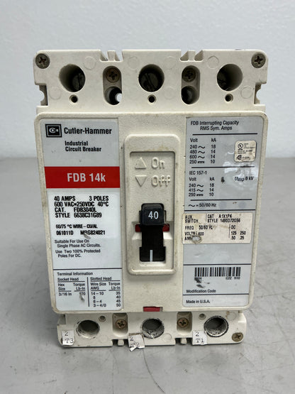 Used FDB3040L with Auxiliary 3 Poles, 40 Amps, 600 Volts