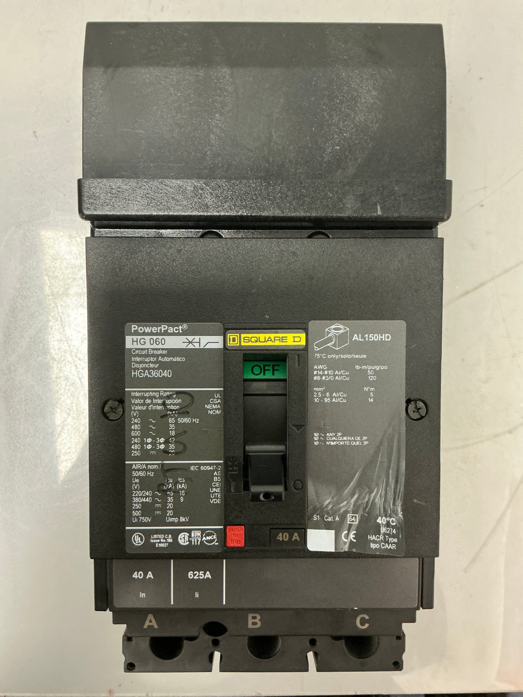 Used Square D HGA36040 3 Pole, 40 Amps, 600 Volts Circuit Breaker