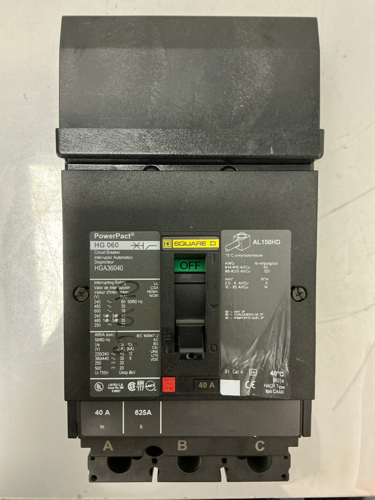 Used Square D HGA36040 3 Pole, 40 Amps, 600 Volts Circuit Breaker