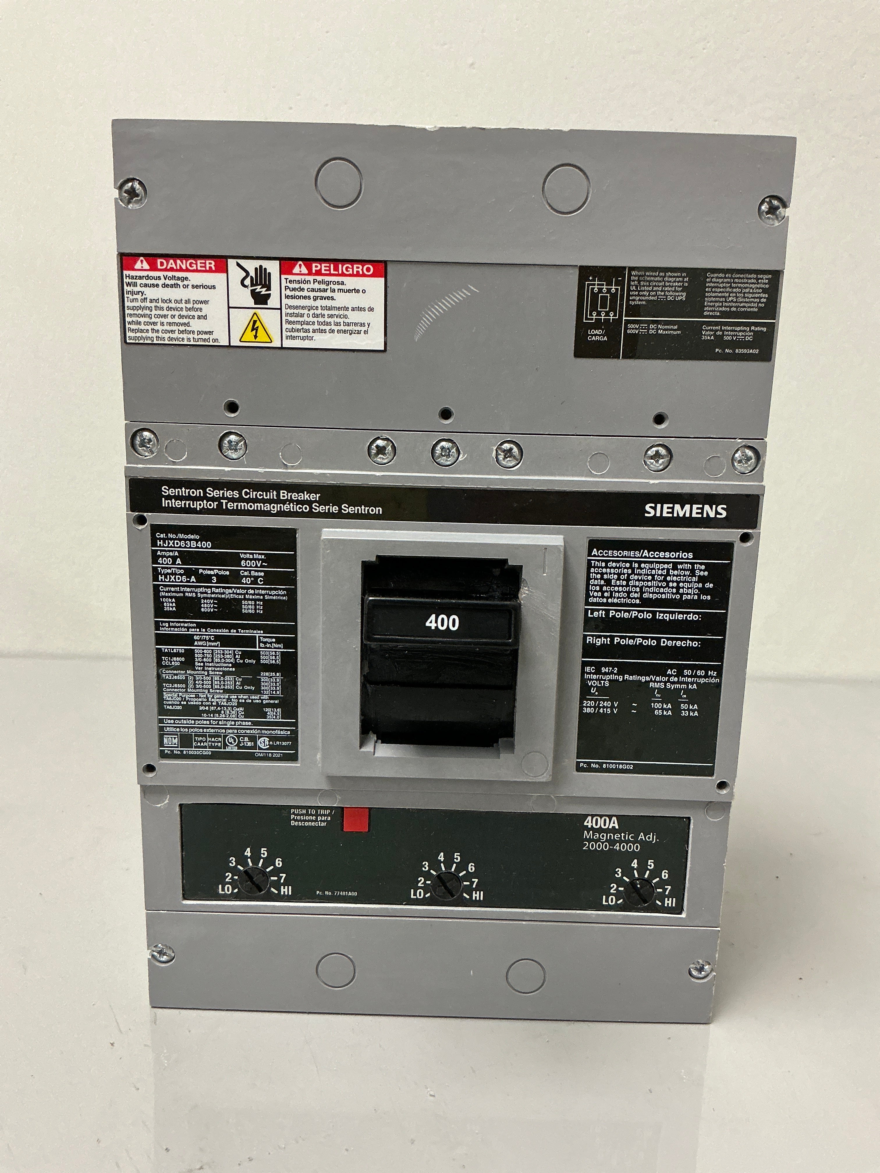 New Siemens HJXD63B400 3 Pole, 400 Amps, 600 Volts Circuit Breaker