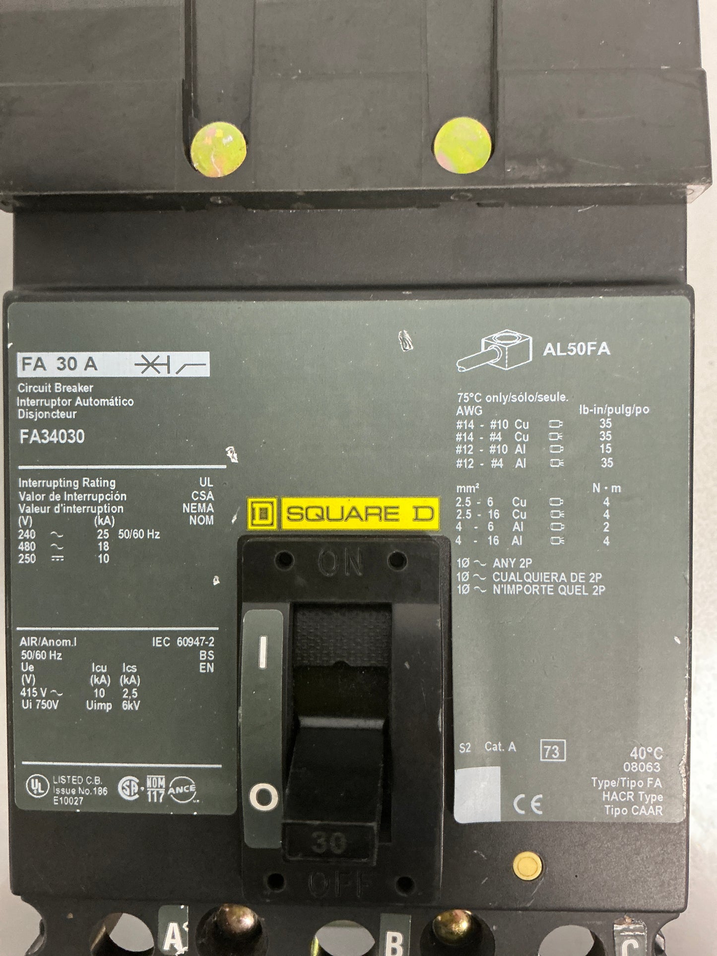 Used Square D FA34030 3 Pole, 480 Volts, 30 Amps