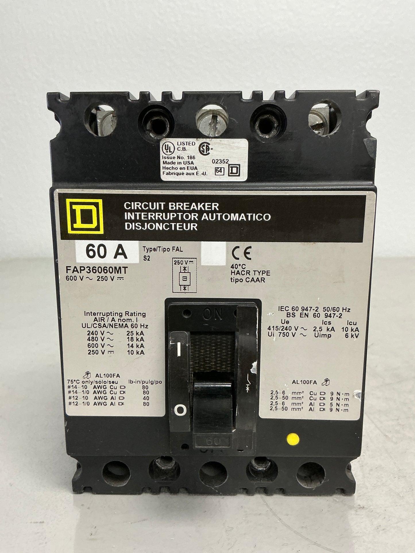 Used Square D FAP36060MT 60 Amps, 600 Volts, 3 Pole