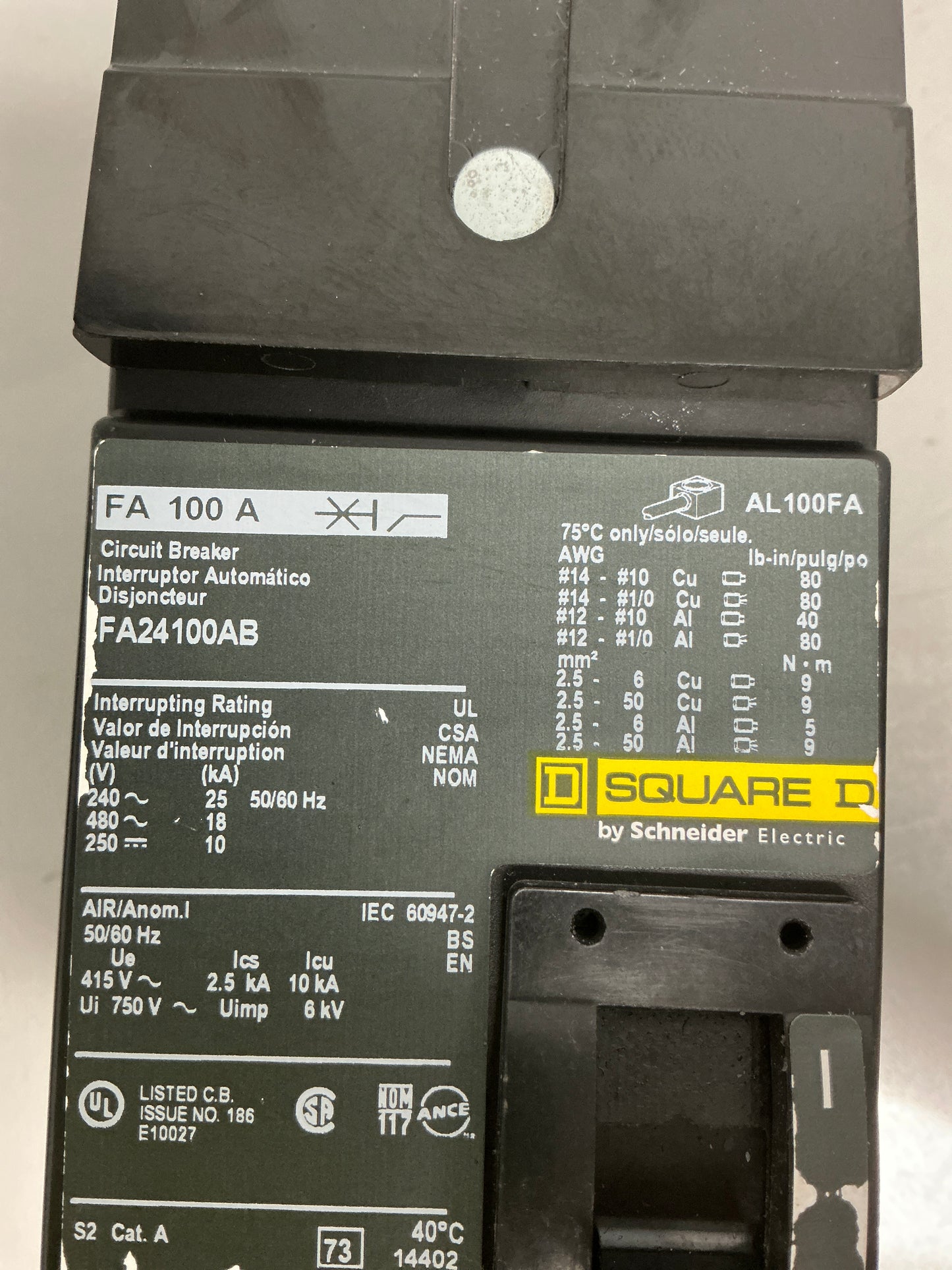 Used Square D FA24100AB 2 Pole, 480 Volts, 100 Amps