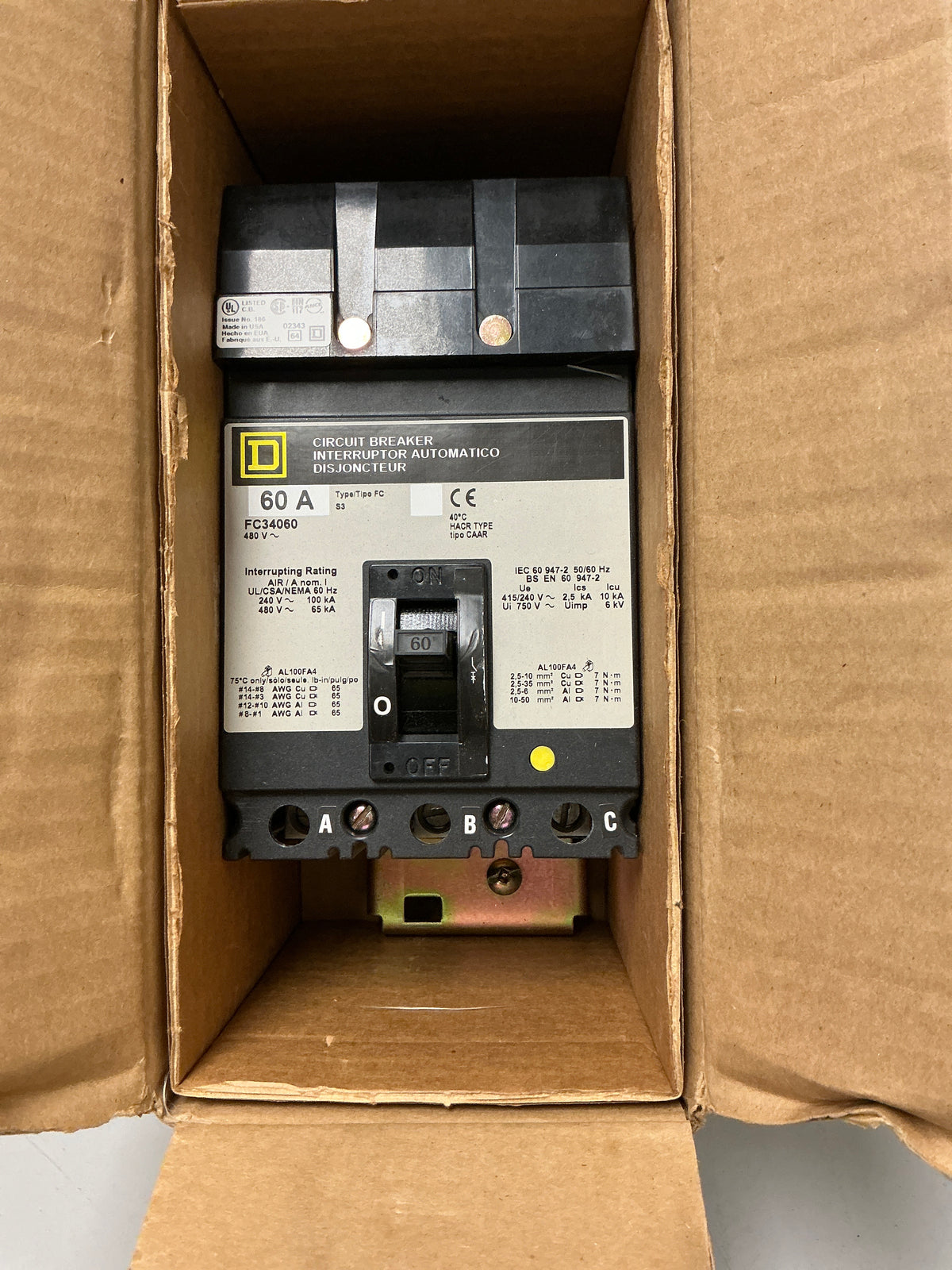 New Square D FC34060 3 Pole, 60 Amps, 480 Volts Circuit Breaker