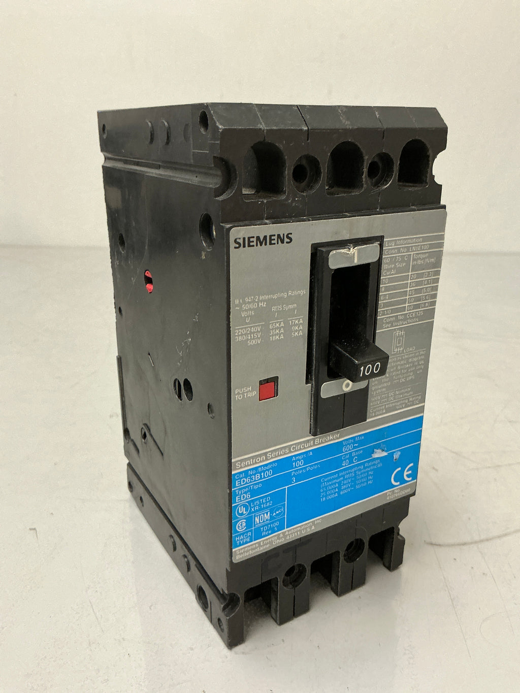 Used Siemens ED63B100 3 Pole, 100 Amps, 600 Volts Circuit Breaker
