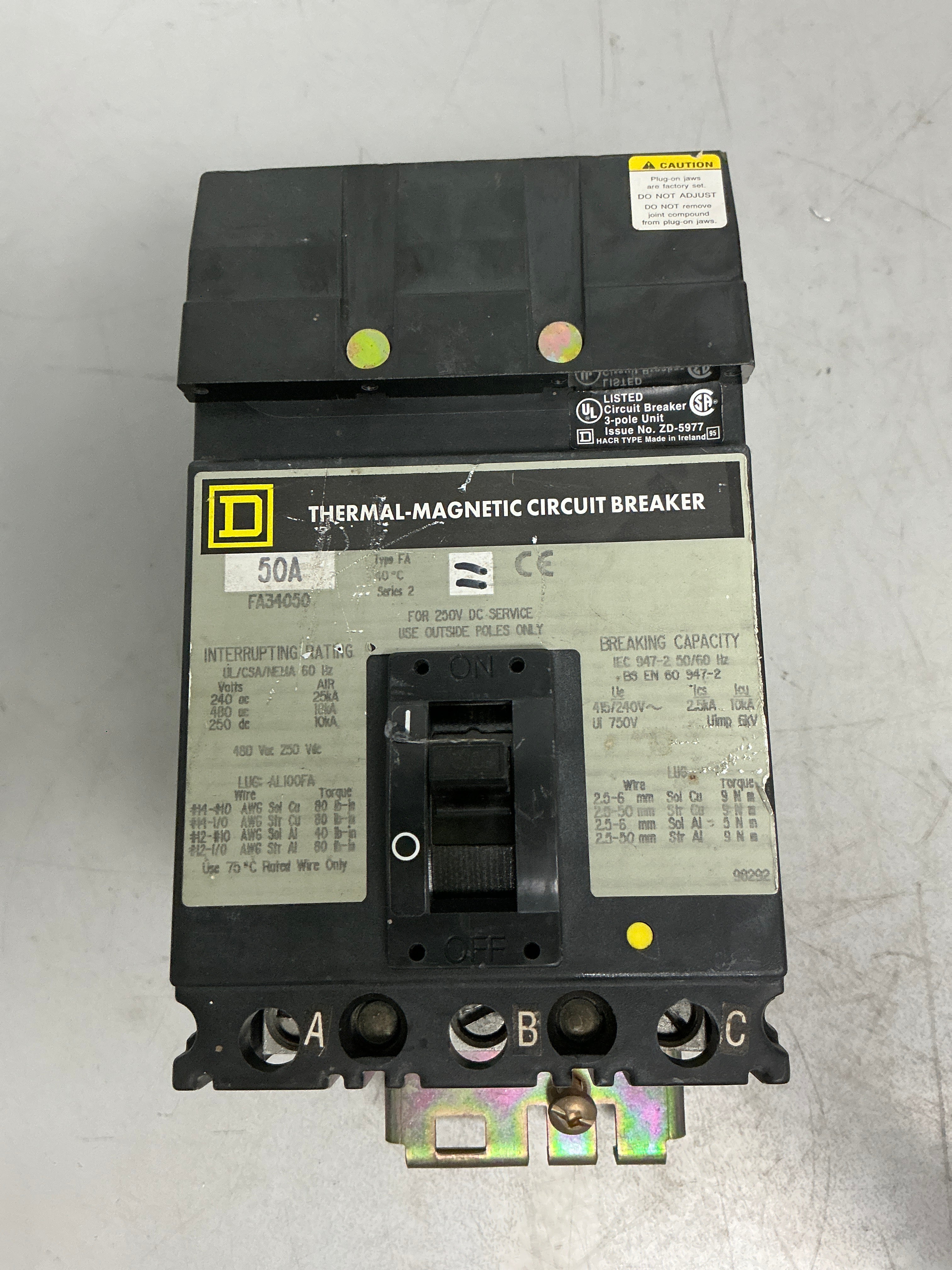 Used Square D FA34050 3 Pole, 50 Amps, 480 Volts Circuit Breaker