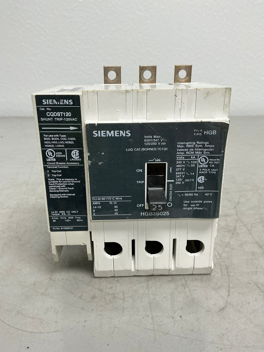 New Siemens HGB3B025 Shunt Trip CQDST120 3 Pole, 25 Apps, 480 Volts
