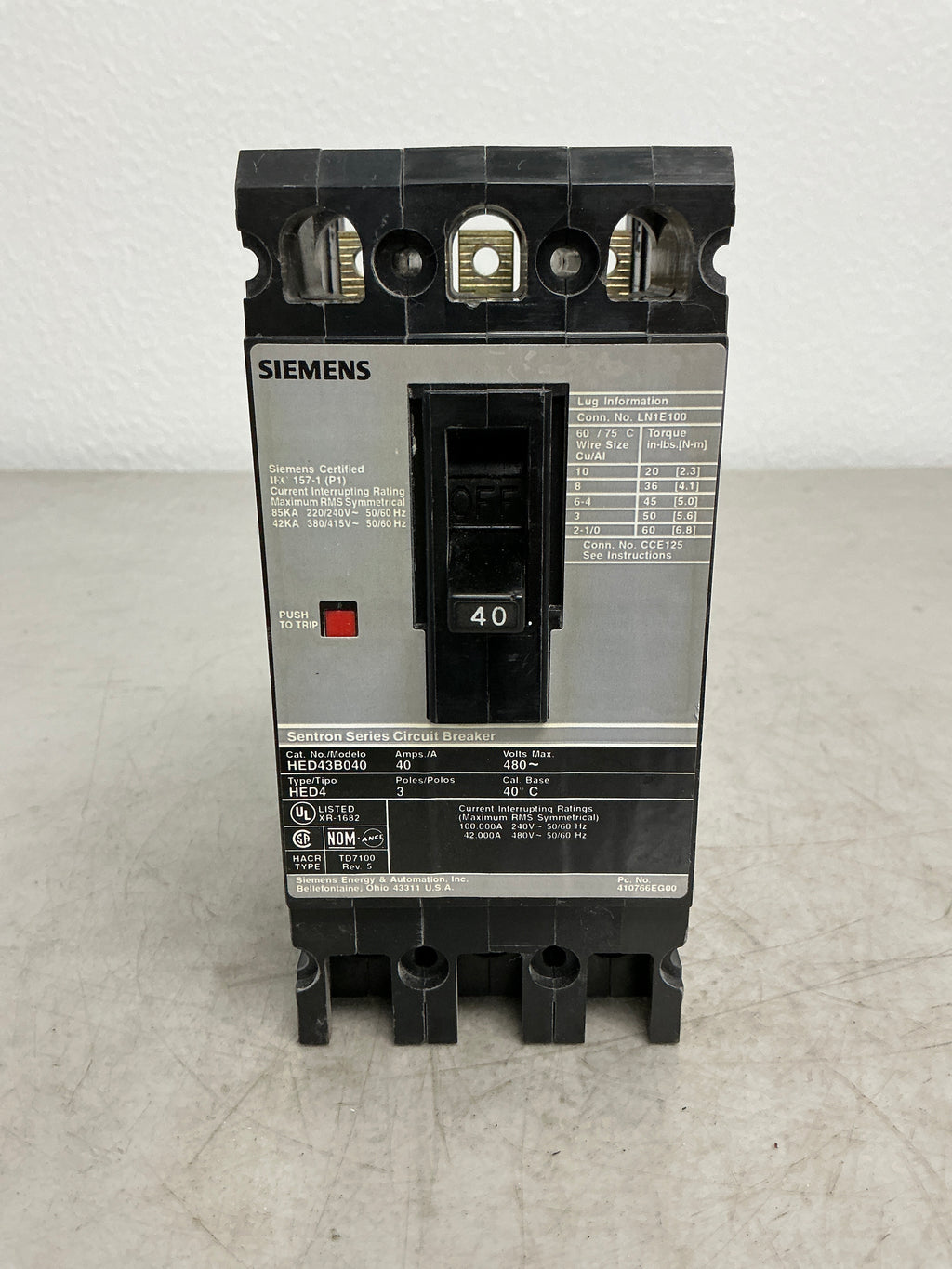 Used Siemens HED43B040 3 Pole, 40 Amps, 480 Volts Circuit Breaker
