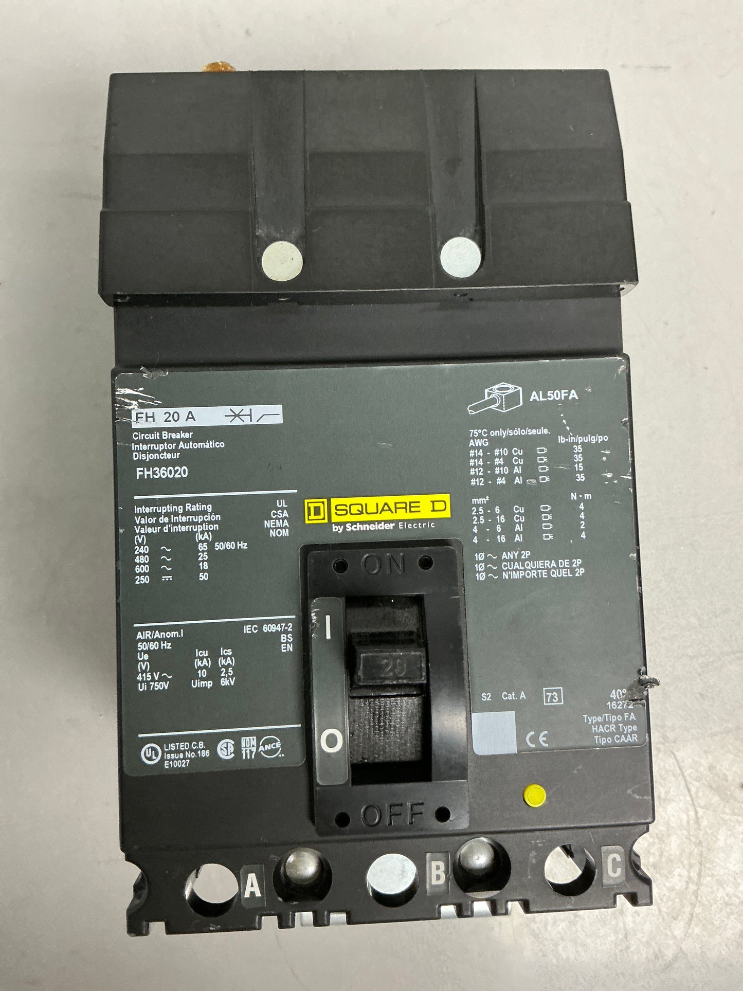 Used Square D FH36020 3 Pole, 20 Amps