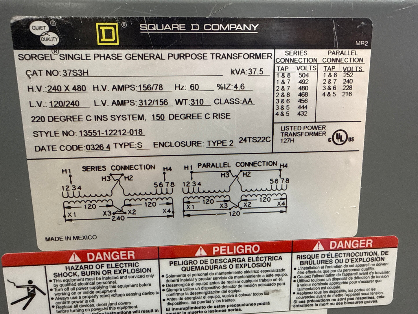 37.5 KVA Transformer, Primary 480, Seconday 120/240 Volts  1 Phase (item#t6)