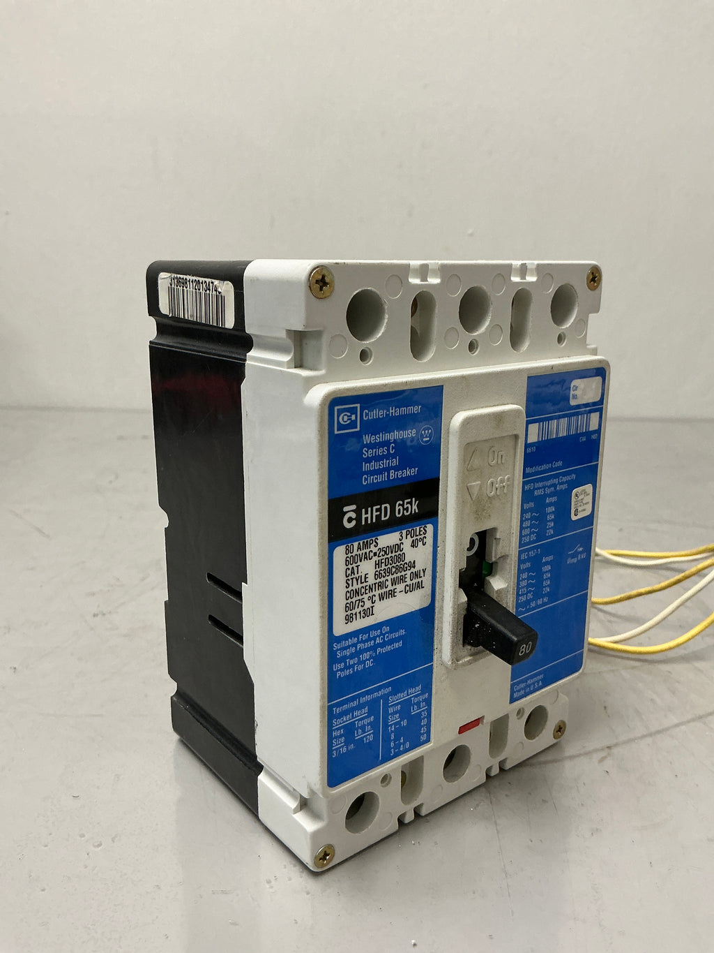 Used Cutler-Hammer HFD3080 with Shunt Trip 3 Pole, 80 Amps, 600 Volts Circuit Breaker