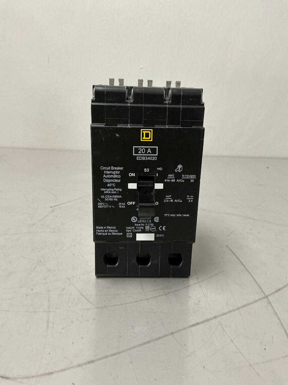 New (Panel take out) Square D EDB34020 3 Pole, 20 Amps, 240 Volts Circuit Breaker