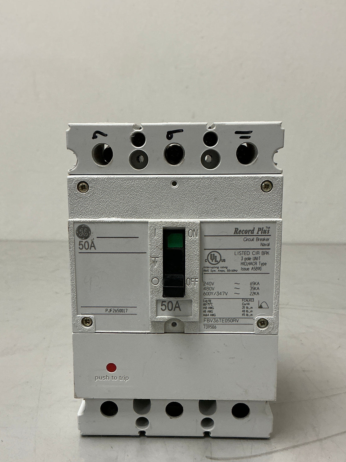 Used GE FBV36TE050RV 3 Pole, 50 Amps , 600 Volts Circuit Breaker