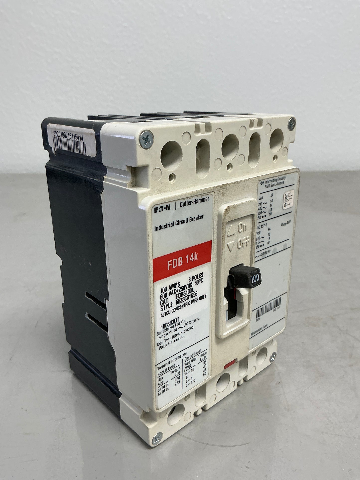 Used Eaton FDB3100L 3 Poles, 100 Amps, 600 Volts