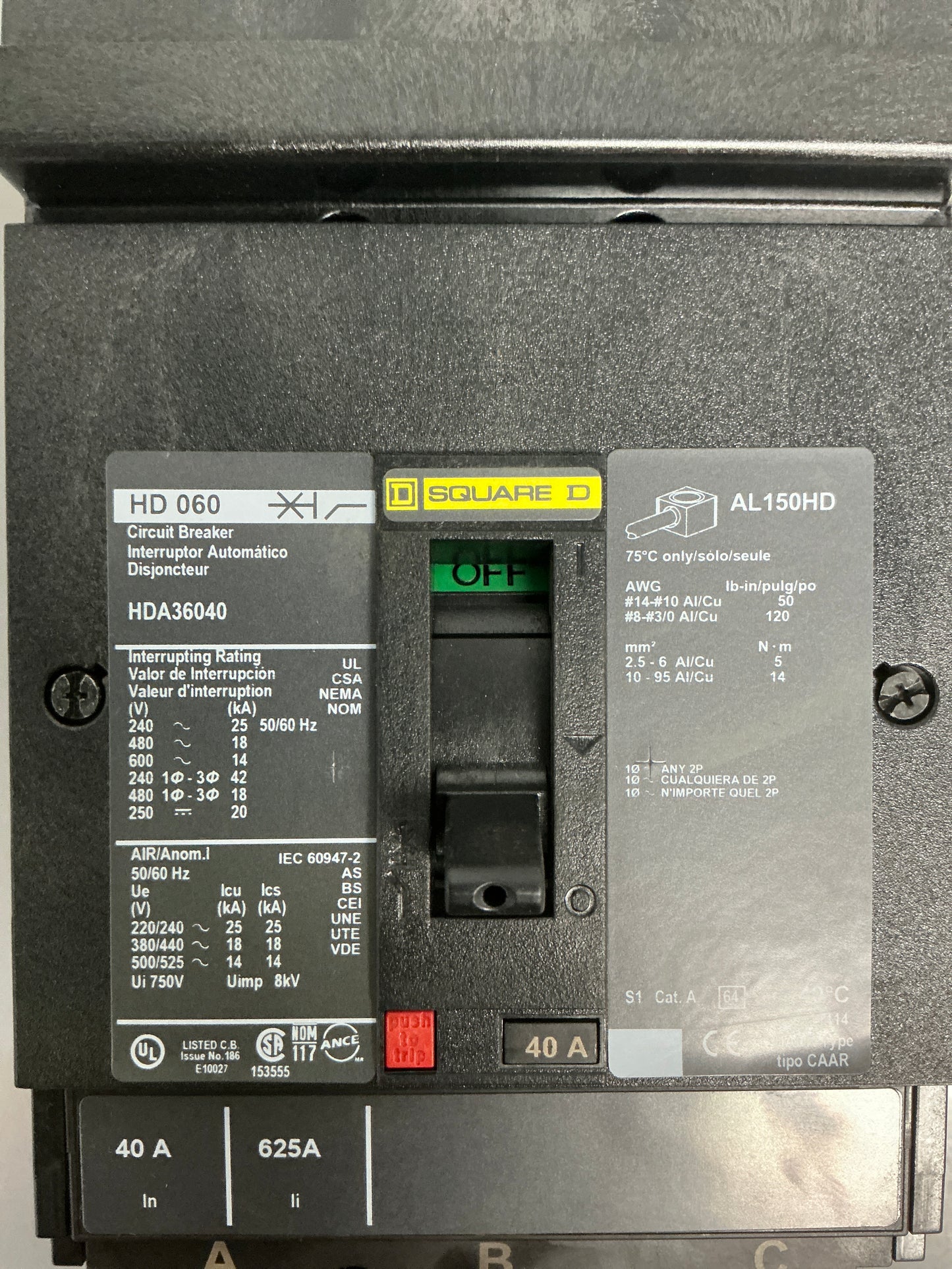 Used Square D HDA36040 3 Pole, 40 Amps, 600 Volts