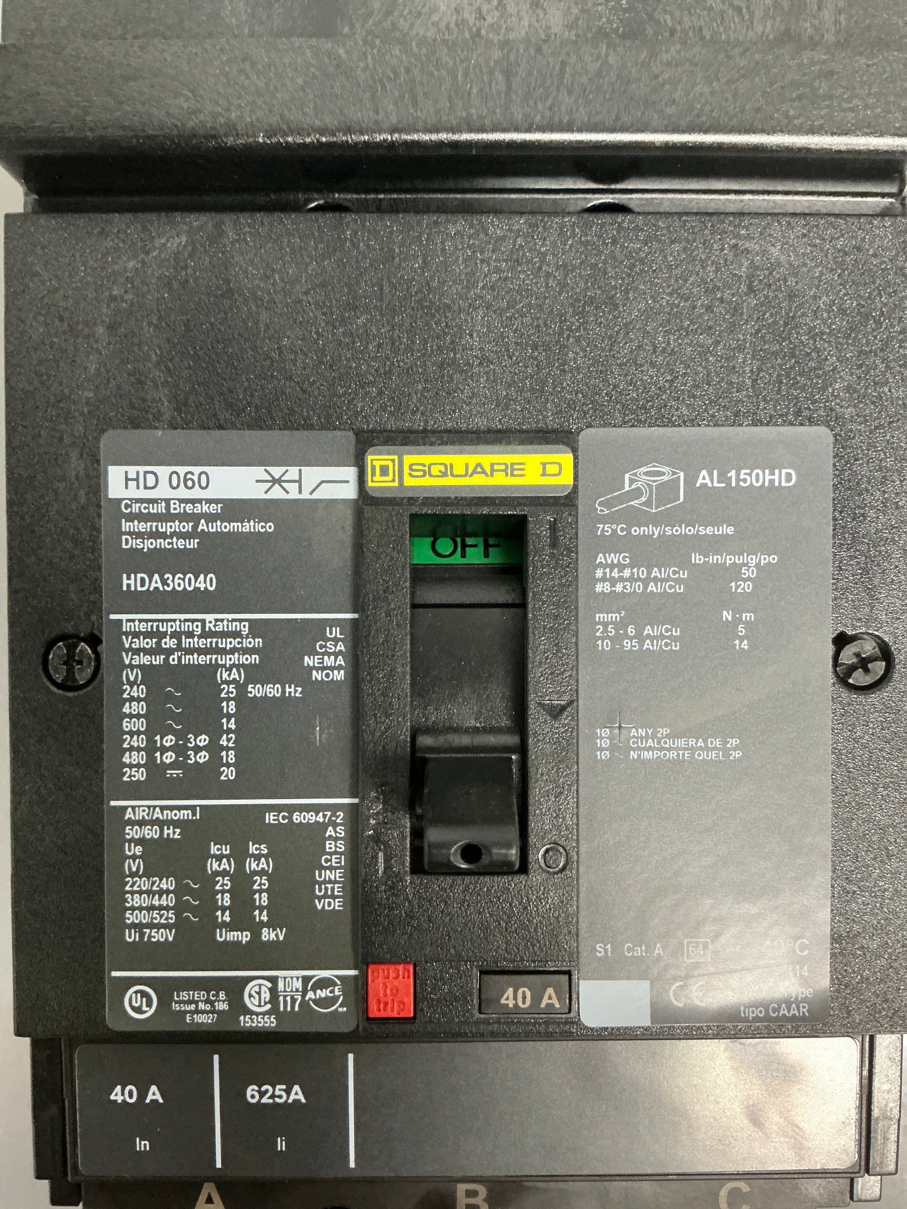 Used Square D HDA36040 3 Pole, 40 Amps, 600 Volts