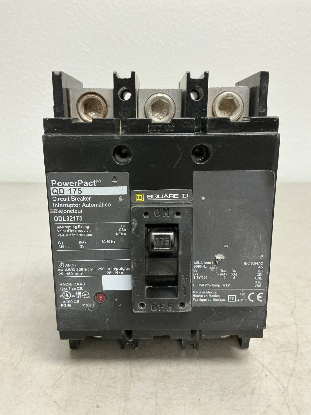 Used Square D QDL32175 3 Pole, 175 Amps, 240 Volts Circuit Breaker