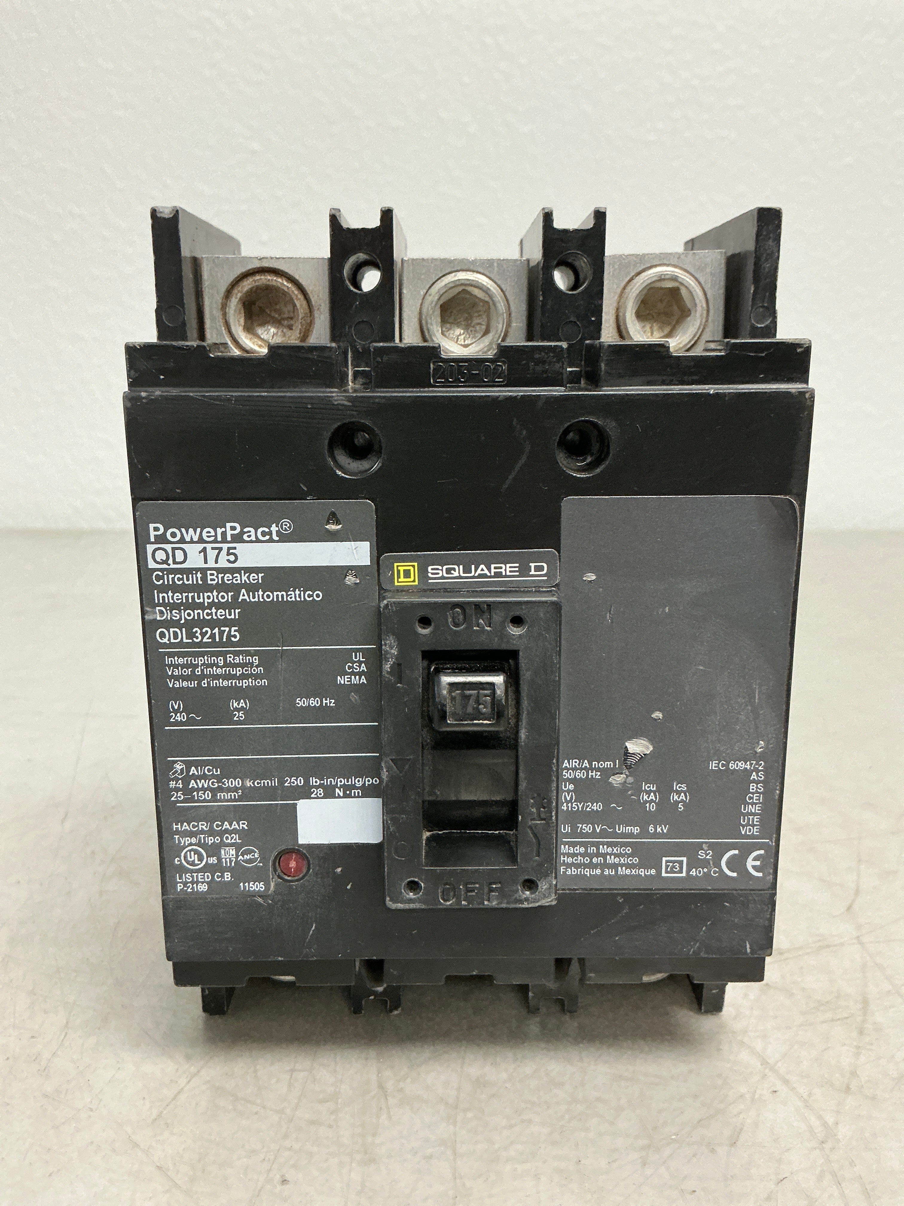 Used Square D QDL32175 3 Pole, 175 Amps, 240 Volts Circuit Breaker