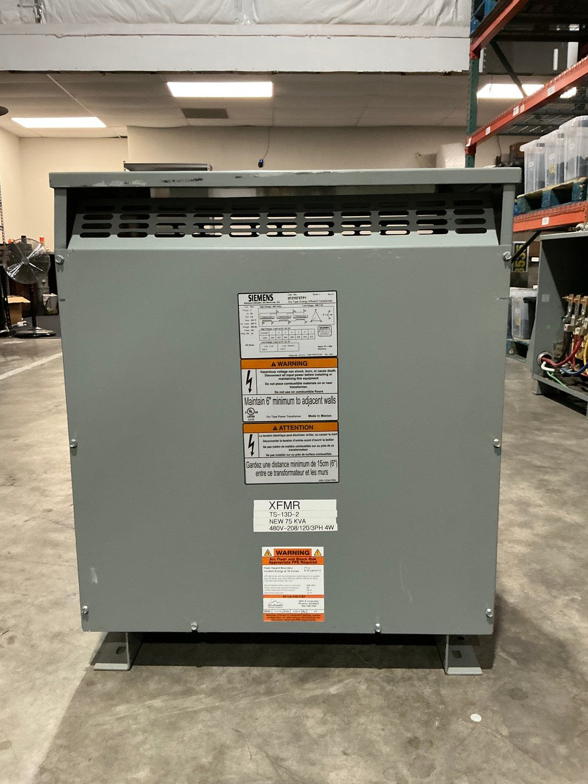 Used Siemens 3F3Y075TP1 75 KVA, 3 PH, 480 Primary 208/120 Secondary Transformer