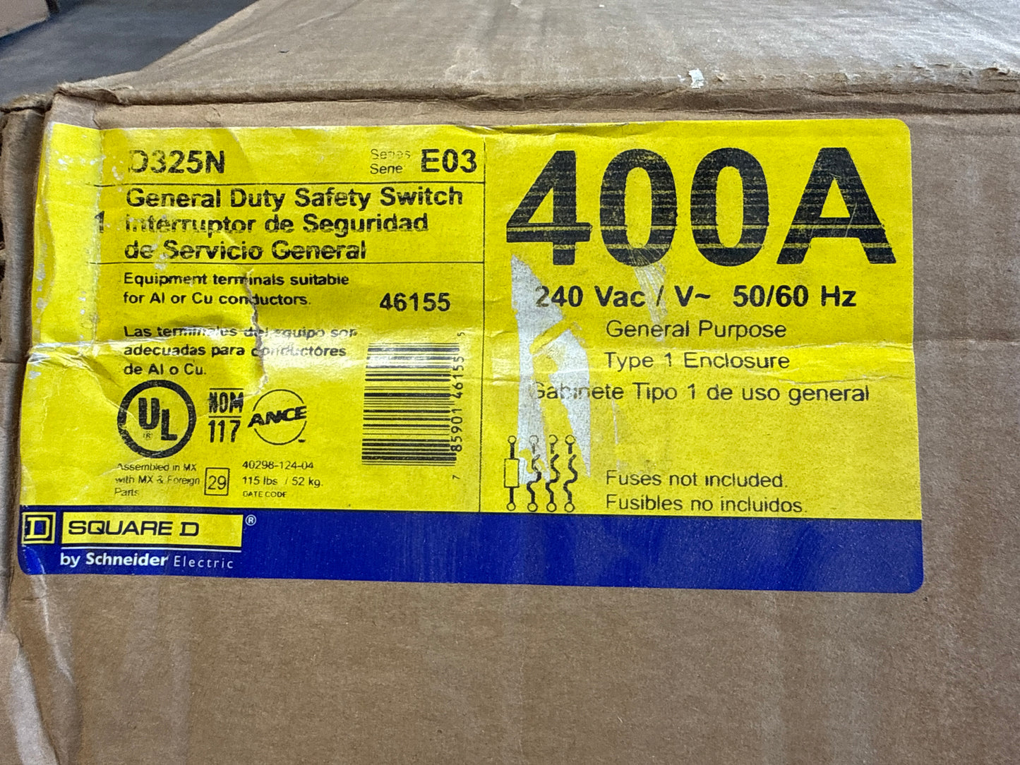 New Square D D325N Disconnect 400 Amp 240 Volt Fusbile Indoor Nema 1