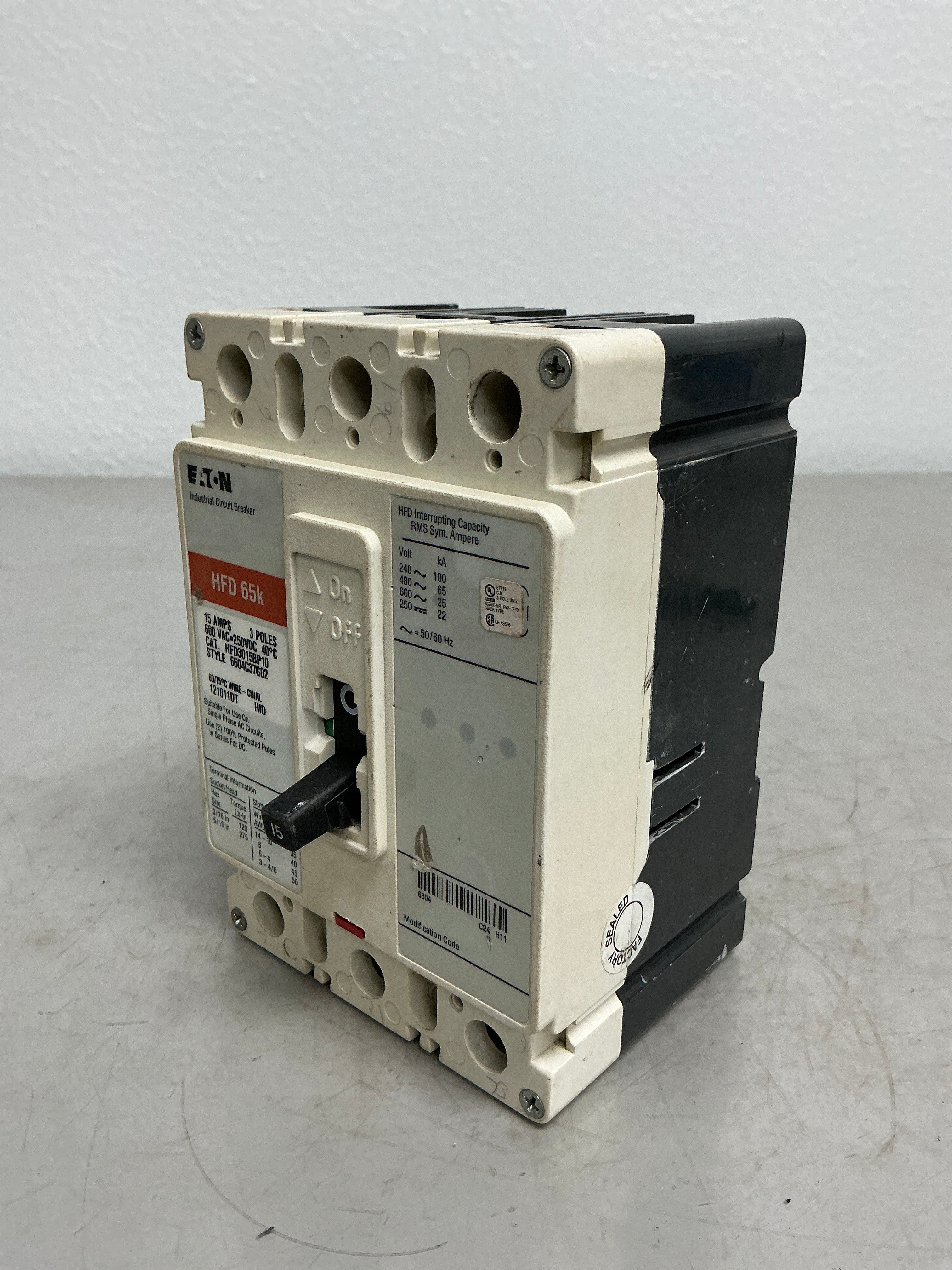 Used Eaton HFD3015BP10 3 Pole, 15 Amps, 480 Volts